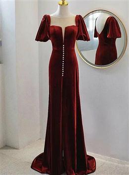 Picture of Wine Red Color Velvet Long Round Neckline Party Dresses, Wine Red Color Formal Dress